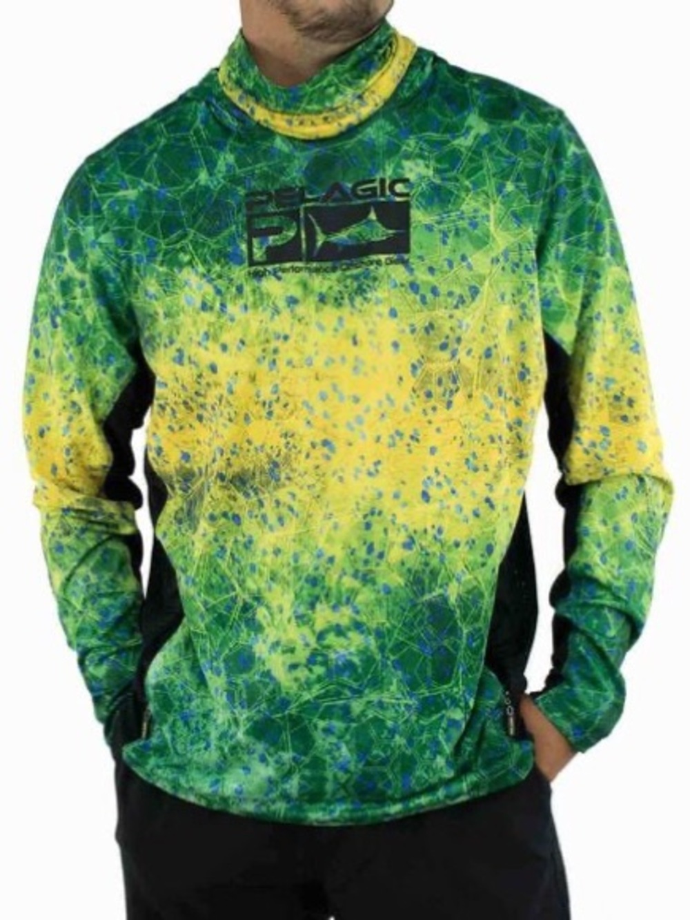 Pelagic Exo-Tech Hooded Long Sleeve Fishing Shirt Dorado Hex print Size Small